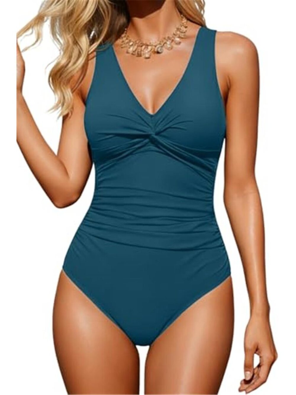 Green Tummy Control One Piece Swimsuit Push Up Slimming V Neck Full Coverage